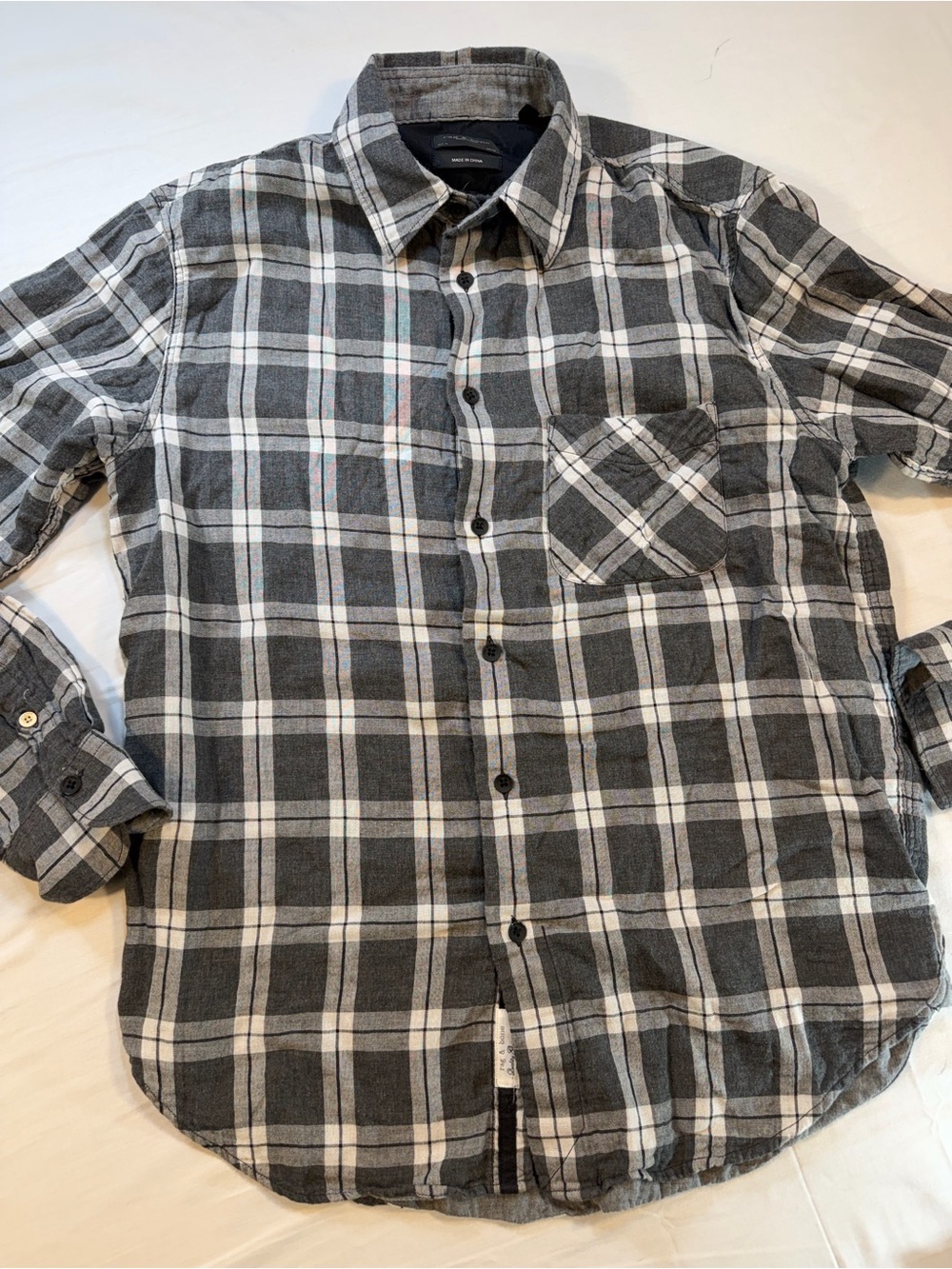 rag & bone Gray and White Plaid Flannel Button-Up Shirt